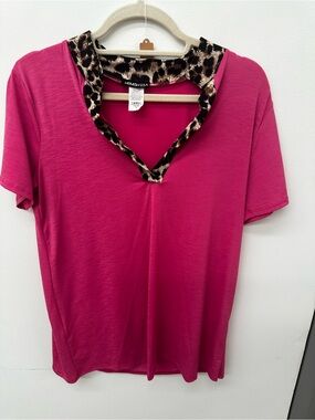 Heimish Brand Fuchsia Short Sleeve Top with Leopard Trim